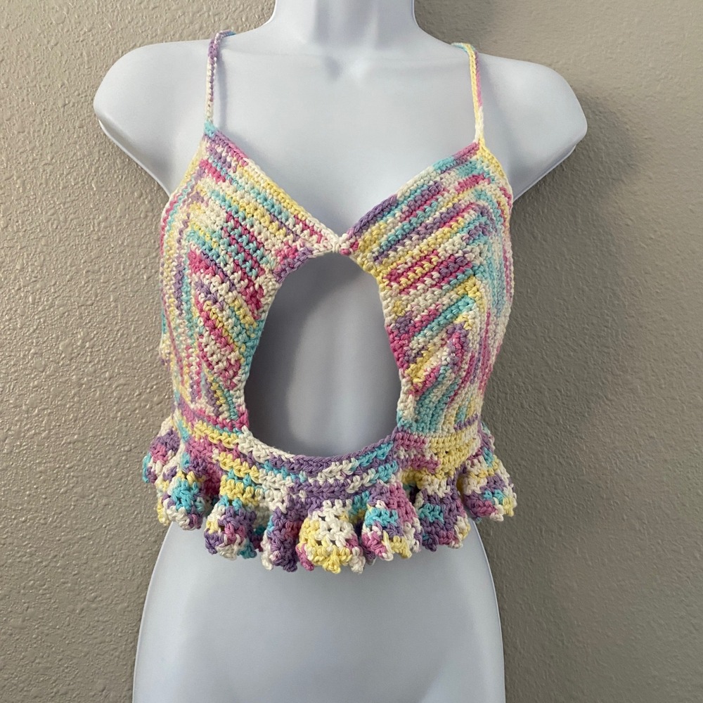 Handmade Crochet Top Small Pastel Summer Festival Ruffle Boho Beach Rave Strappy
